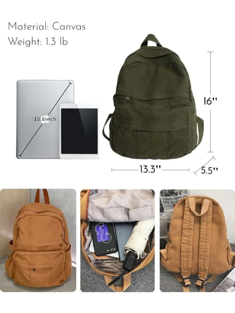 Military Green Canvas Backpack | Retro Aesthetic Rucksack for Students & Travel